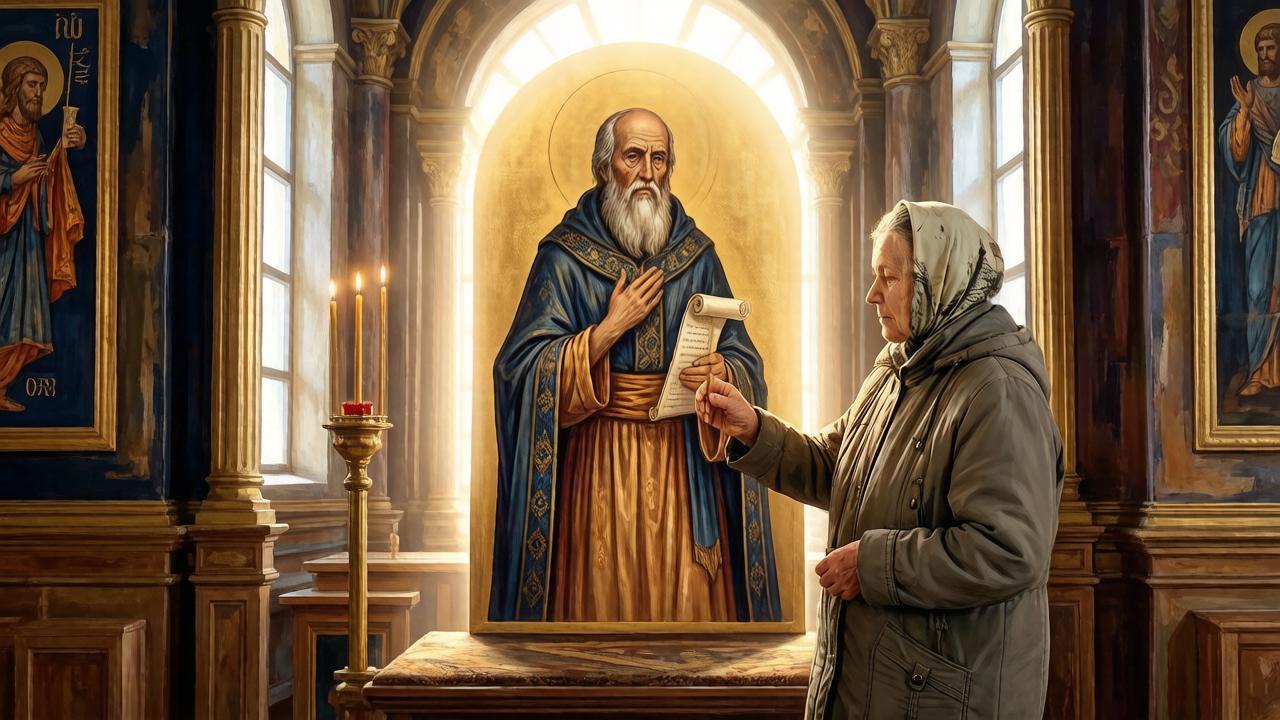 Икона пророка Михея с горящей свечой в храме — иллюстрация к православному празднику 27 августа.